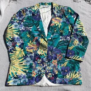 Vintage Danielle B Floral Print Cotton Flax Linen Blazer Size Small Oversized
